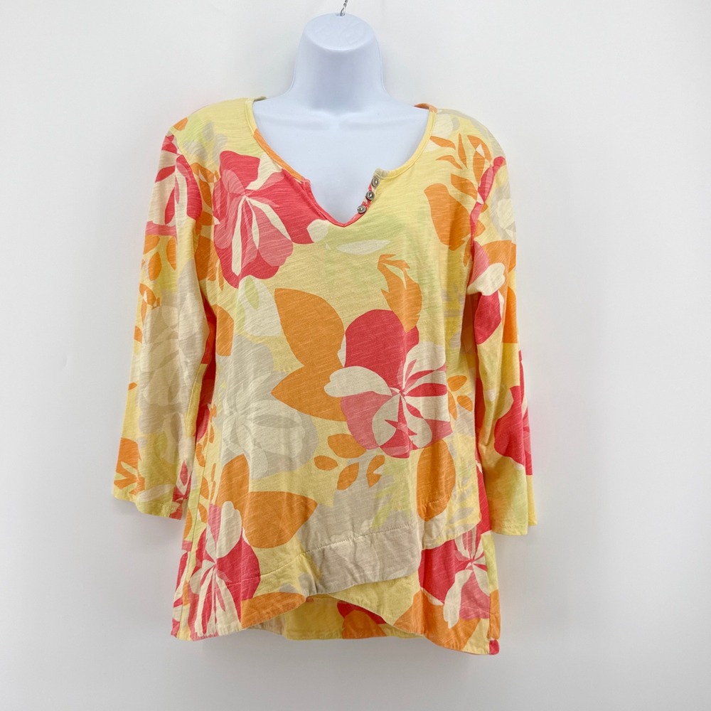 Fresh Produce Floral Henley Top Medium Slub Cotton 3/4 Sleeve Yellow Coral Tunic